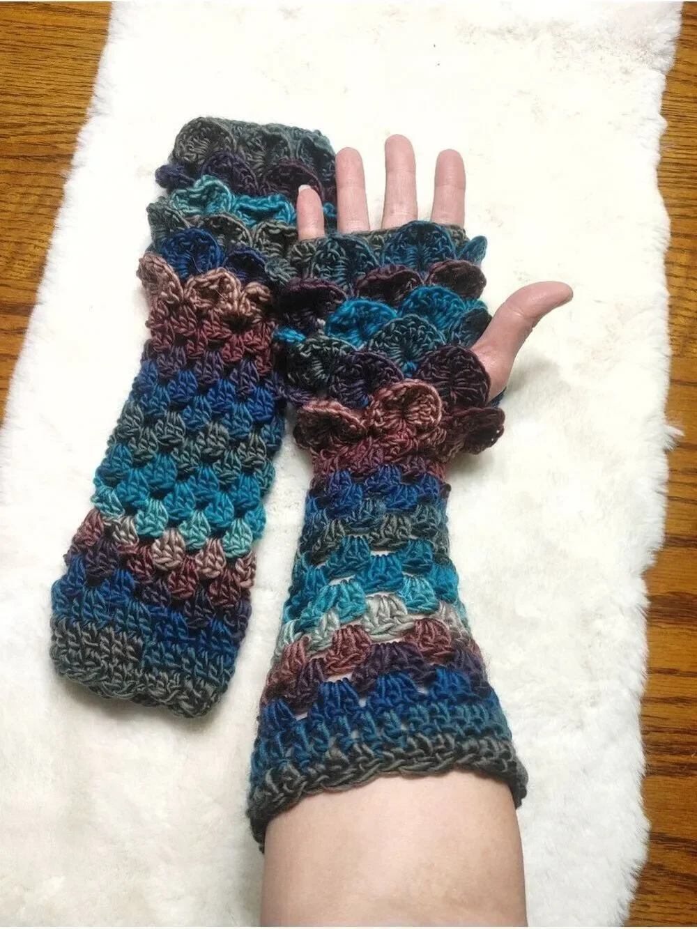 Just in! Handmade Crocheted Dragonscale Fingerless Texting Gloves in Deep Ocean
